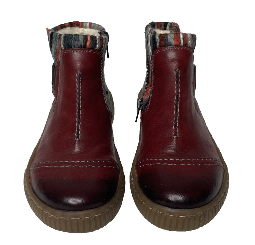 Rieker Women’s 37 US 6.5-7 Red Leather Ankle Boots Side Zip Faux Fur Lined
